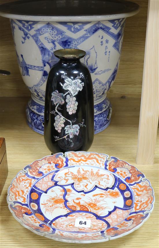 A Japanese blue and white jardiniere, a Korean metal and a ceramic dish